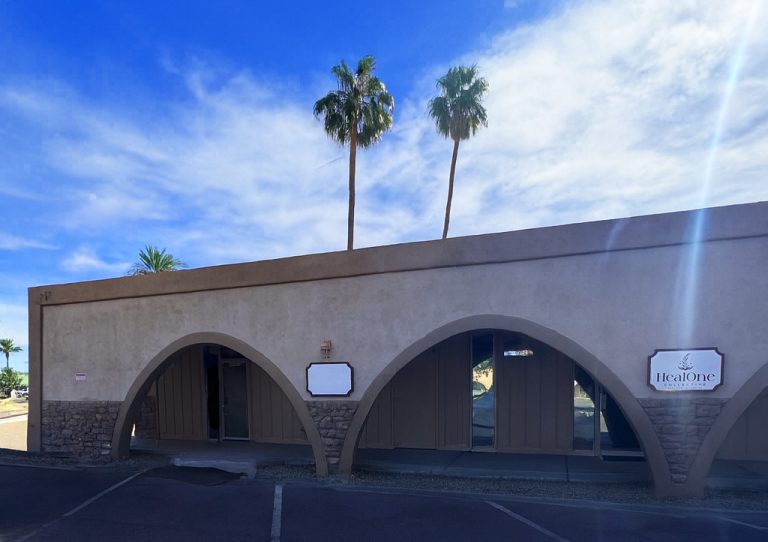 Exterior of April Marie Glow skincare studio and clinic in Chandler, Arizona, showing the building entrance where clients receive professional skin treatments and facials.